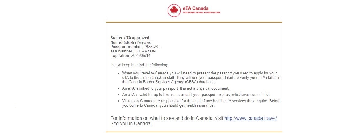 Canada eTA Visa Approval Email